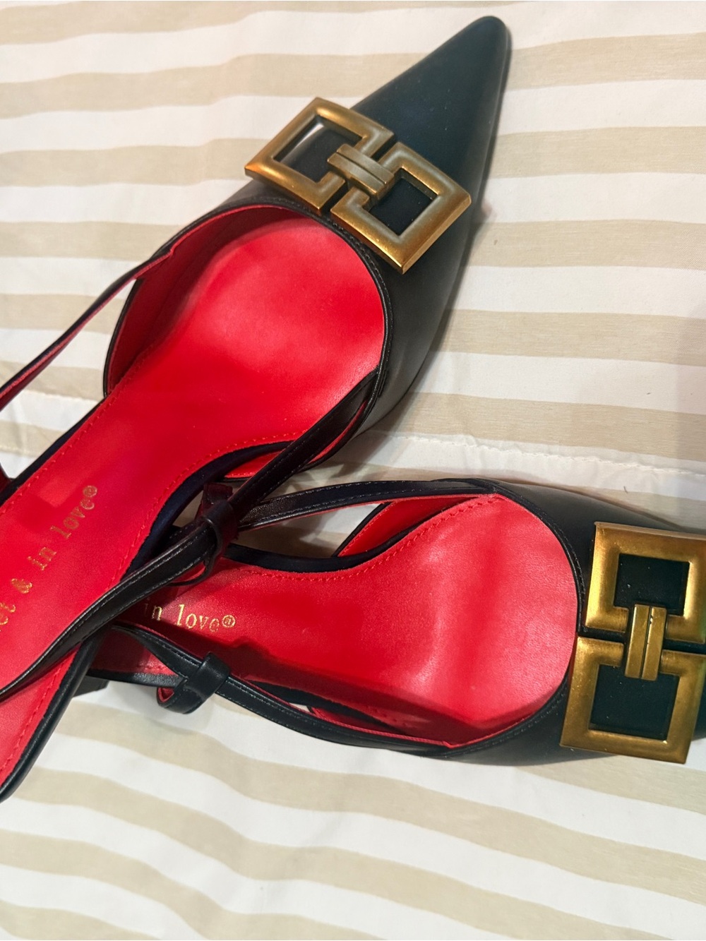 Black Slingback Flats with Red Insole and Gold Accent - Women Shoes - Picture 2 of 4